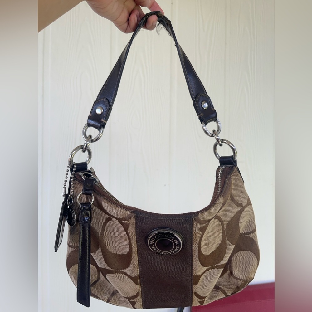 SOLD 
Coach Brown Signature Jacquard Hobo Shoulder Bag with Dark Leather Trim